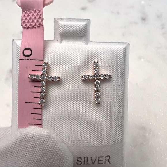 Rose GP/Sterling Silver Cz Cross Post Earrings - Picture 8 of 16